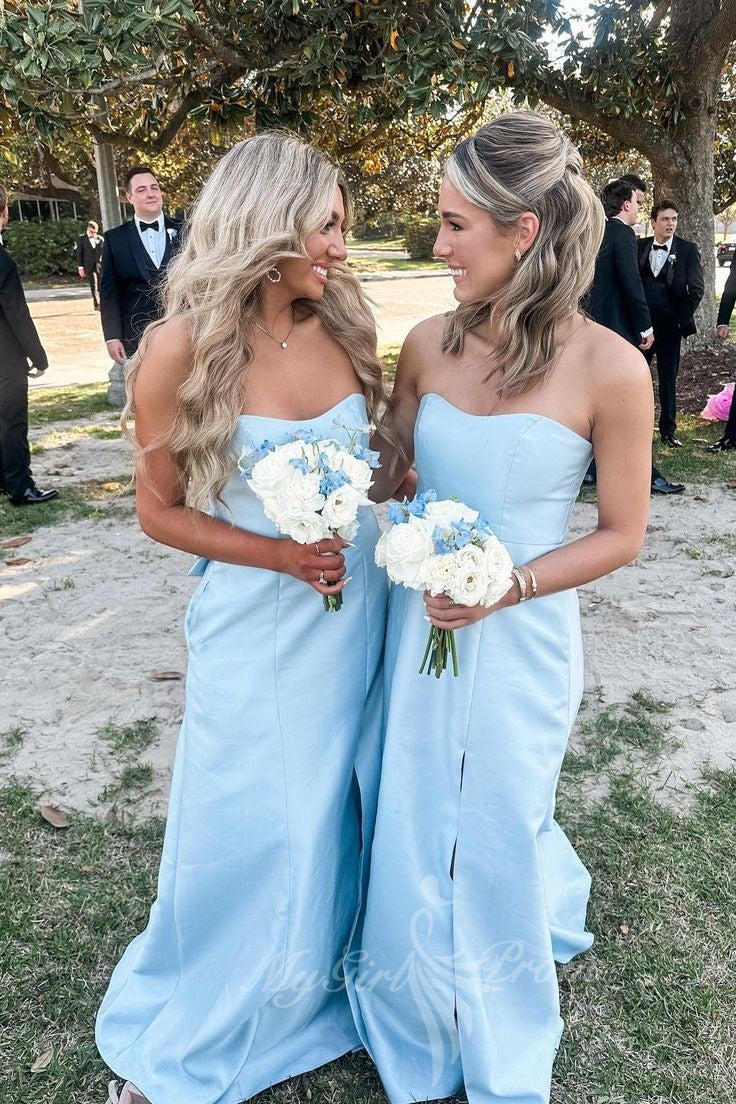 Strapless Light Blue Satin Sheath Long Bridesmaid Dresses With Slit GB409
