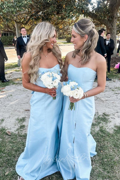 Strapless Light Blue Satin Sheath Long Bridesmaid Dresses With Slit GB409