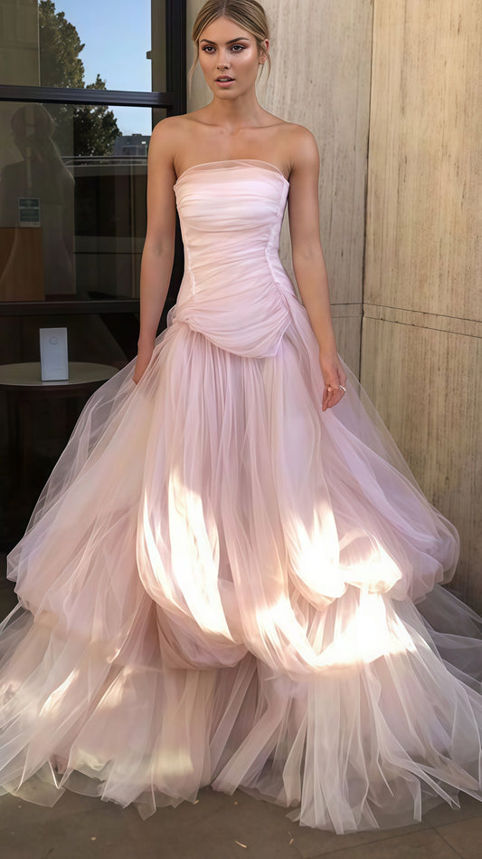 Strapless Light Pink Tulle Evening Prom Dresses,AST1674
