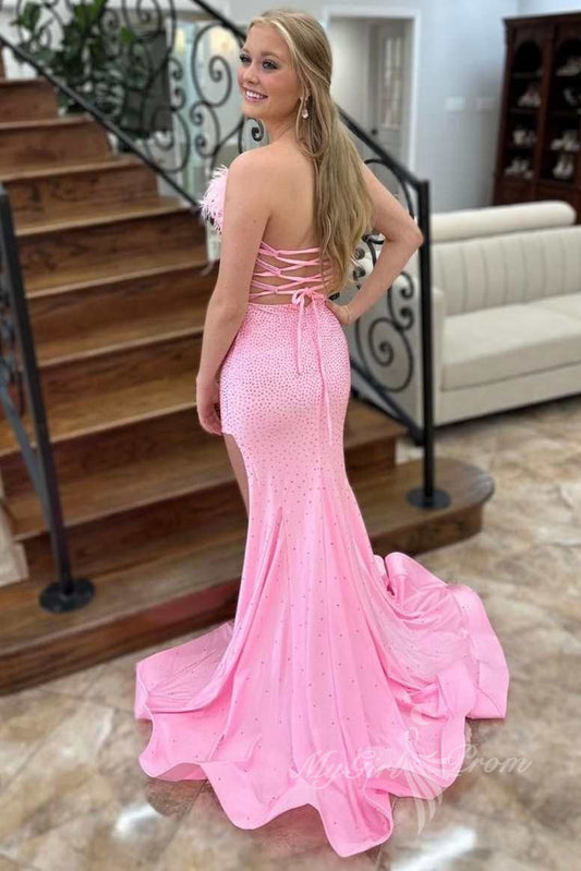 Strapless Mermaid Pink Feathers Beaded Long Prom Dress with Slit GP480