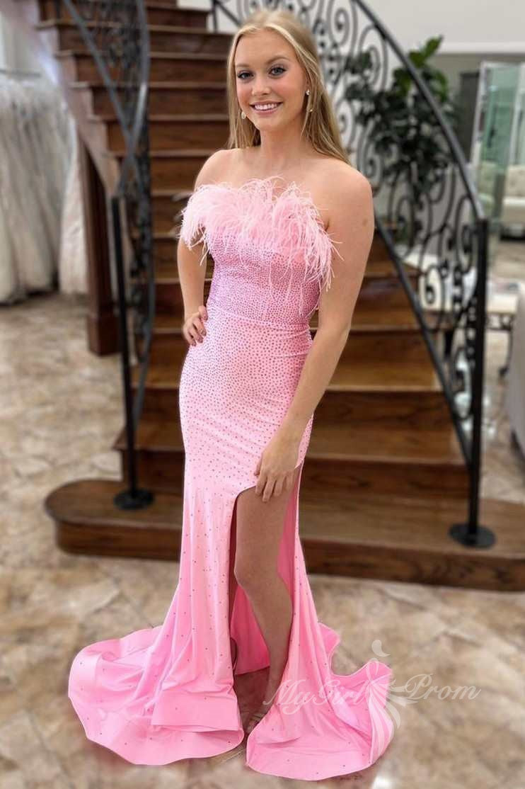 Strapless Mermaid Pink Feathers Beaded Long Prom Dress with Slit GP480
