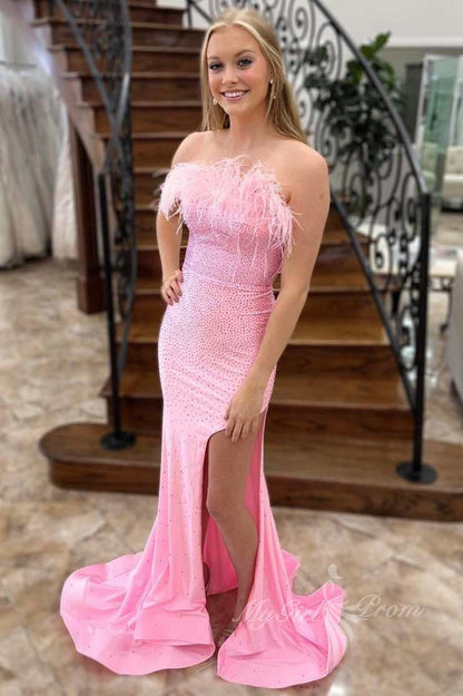 Strapless Mermaid Pink Feathers Beaded Long Prom Dress with Slit GP480