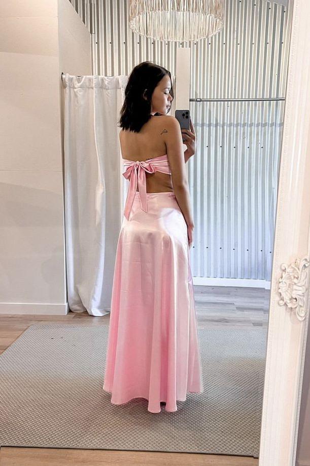 Vestido formal de corte A con lazo en la espalda, sin tirantes, color rosa. Vestidos de fiesta elegantes.