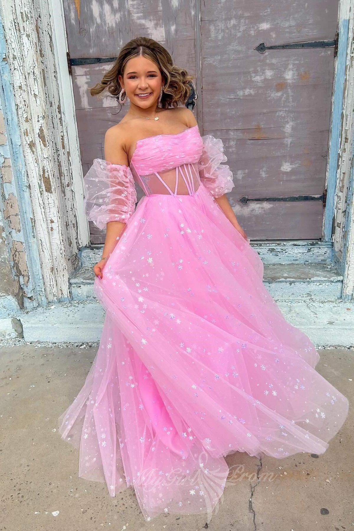 Strapless Pink Starry Tulle Long Prom Dress Princess Formal Gown GP701