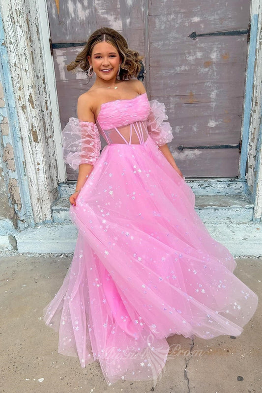 Strapless Pink Starry Tulle Long Prom Dress Princess Formal Gown GP701