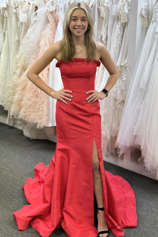 Classy Red Strapless Satin Mermaid Long Prom Dress with Slit