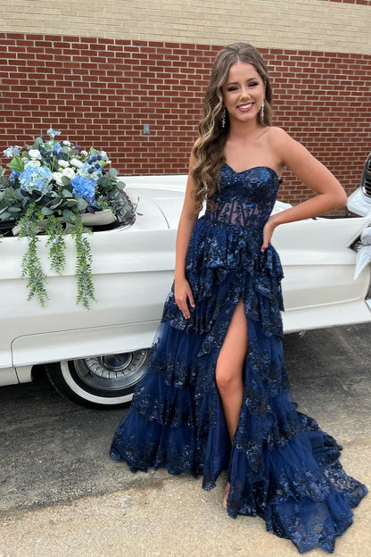 Gorgeous Navy Blue Tiered Tulle Long Formal Dress with Slit