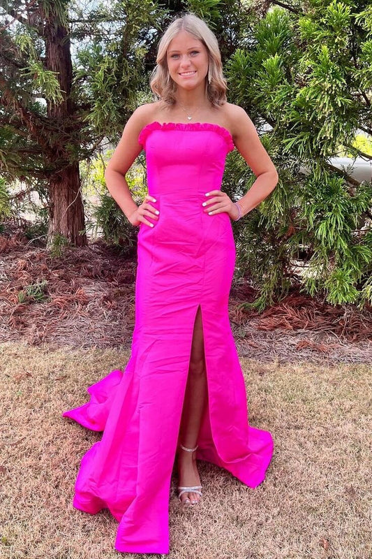 Yellow Strapless Satin Mermaid Slit Graduation Gown, Long Prom Dresses GP591
