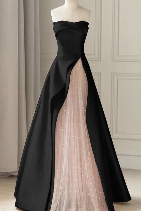 Strapless Satin Pearls Tulle Long Prom Dresses, A-line Pink Formal Gown GP687