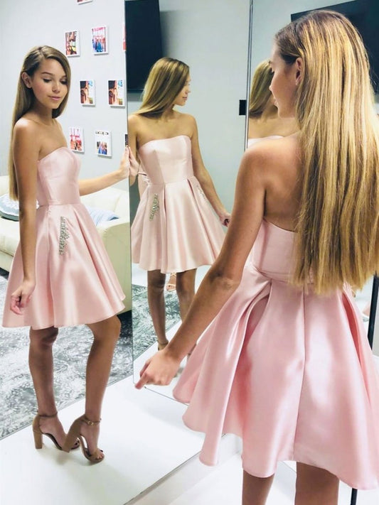 Vestidos de fiesta cortos de satén rosa sin tirantes y con bolsillos, vestidos cortos rosas formales para graduación y regreso a casa.