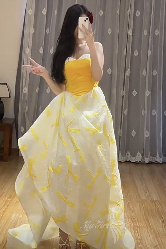 Sweetheart Yellow Evening Dress Charm Fairy Princess Ruched Long Prom Dress GP707