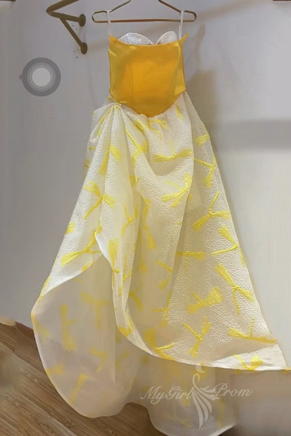 Sweetheart Yellow Evening Dress Charm Fairy Princess Ruched Long Prom Dress GP707