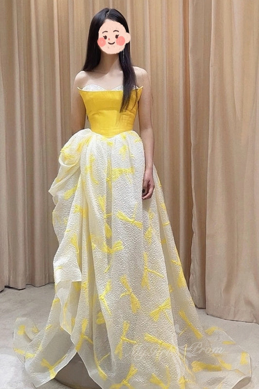 Sweetheart Yellow Evening Dress Charm Fairy Princess Ruched Long Prom Dress GP707