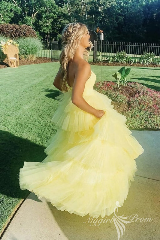 Strapless Yellow Tulle Long Prom Dresses, Princess Sleeveless Sweet 16 Dress GP440