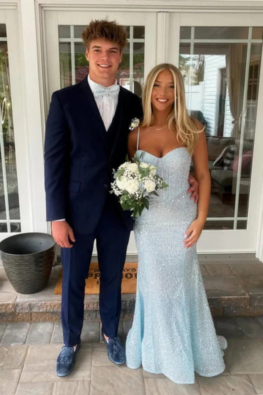 Straps Light Blue Sequin Long Formal Dress with Beaded