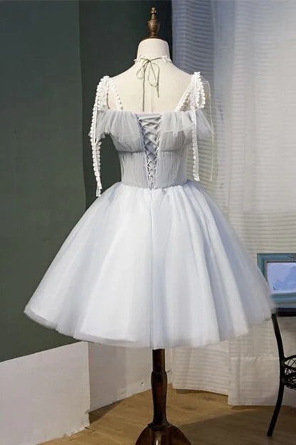 Straps Light Grey Short Tulle Homecoming Dress, AST1156