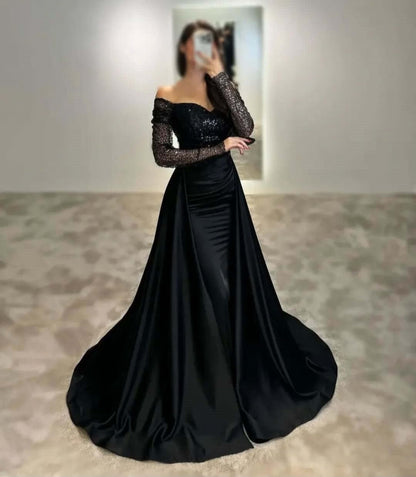 Impresionantes vestidos de fiesta con lentejuelas, mangas largas, vestidos formales con cola