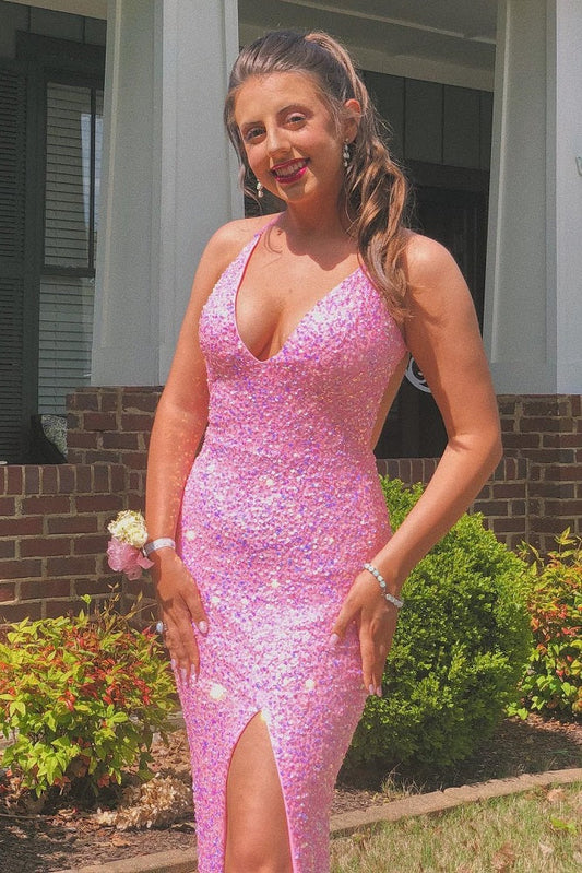 Stunning Sparkly Mermaid V Neck Pink Sequins Long Prom Dresses with Slit GP423