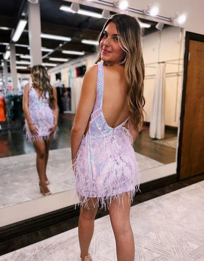 Stylish V-neck Bodycon Sequined Design A-line Mini Homecoming Dress TP3600