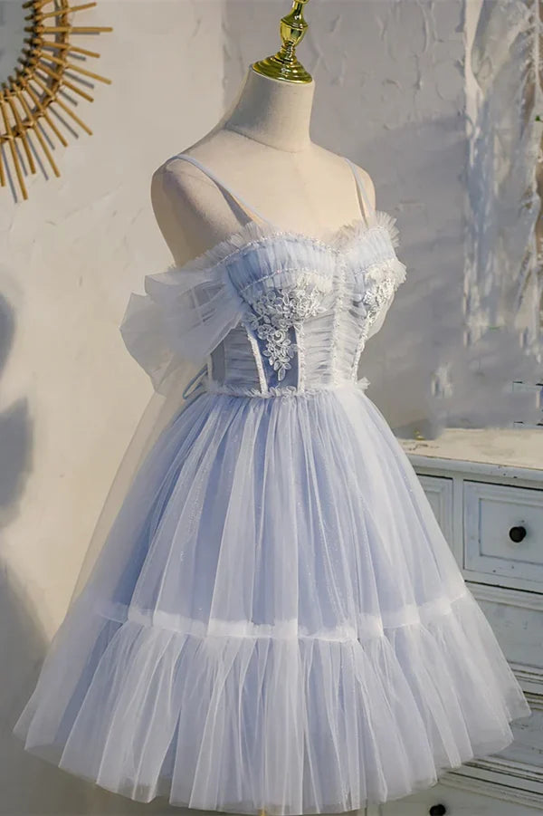 Sweet Light Blue Lace Appliques Design A-line Tulle Short Spaghetti Strap Homecoming Dress TP3571