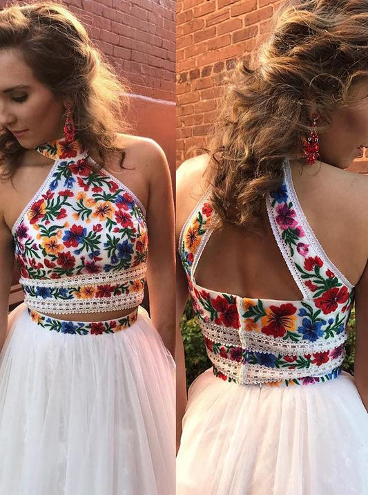 Halter Two Piece Sweet 16 Dress Embroidery Appliques Long Prom Dress MP865