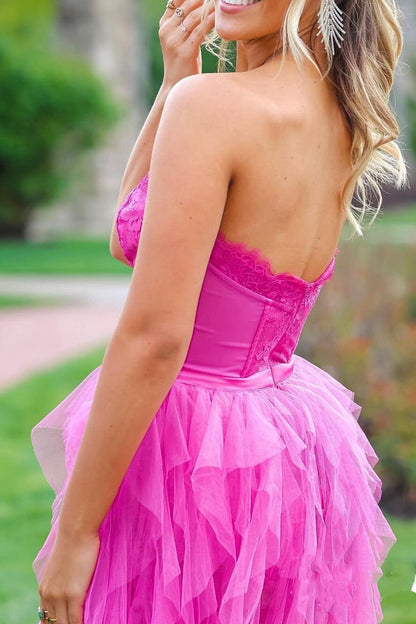 Sweetheart A-Line Hot Pink Tulle Ruffle Lace Long Prom Dresses With Slit GP681