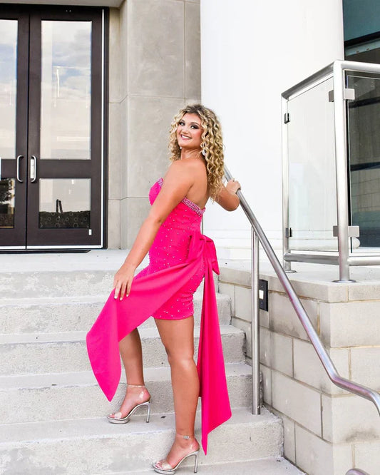 Vestido de fiesta vintage fucsia con escote en forma de corazón, ajustado, con diseño de faja y cola, elegante, sin tirantes y con cuentas, TP3556