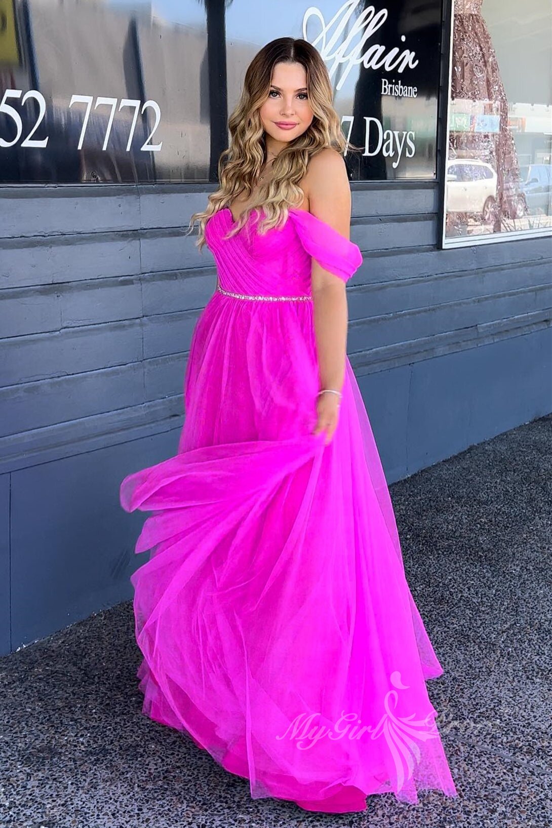 Sweetheart Hot Pink Off-the-Shoulder Tulle Long Prom Dress With Beaded GP475
