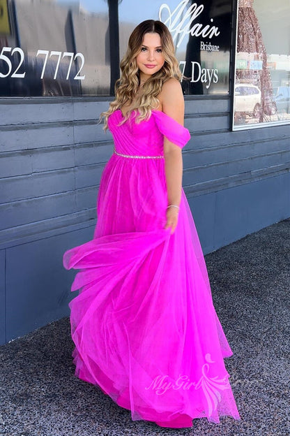 Sweetheart Hot Pink Off-the-Shoulder Tulle Long Prom Dress With Beaded GP475