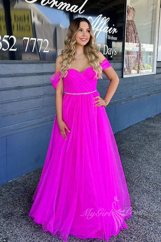 Sweetheart Hot Pink Off-the-Shoulder Tulle Long Prom Dress With Beaded GP475