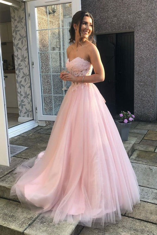Sweetheart Lace Top Tulle Pink Long Prom Dress, Pink Formal Gown GP143