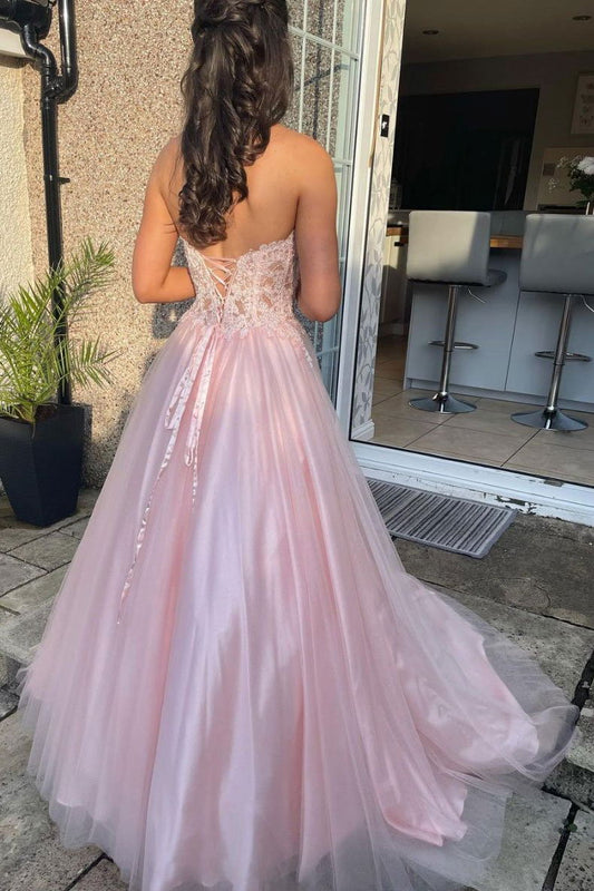 Sweetheart Lace Top Tulle Pink Long Prom Dress, Pink Formal Gown GP143