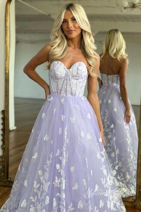 Sweetheart Lilac Lace Butterfly Long Prom Dresses Sleeveless Formal Gown GP450