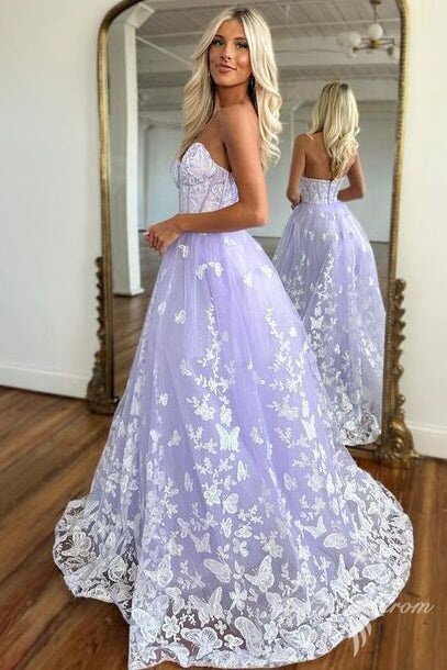 Sweetheart Lilac Lace Butterfly Long Prom Dresses Sleeveless Formal Gown GP450