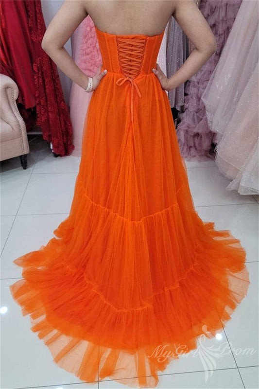 Sweetheart Orange Tulle Long Prom Dresses, Seeveless Simple Evening Dress GP490