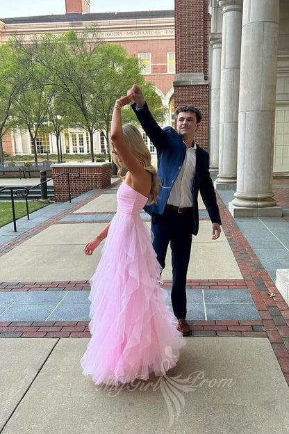 Sweetheart Pink Tulle Prom Dress Bridesmaid Dress with Ruffle Skirts GP735