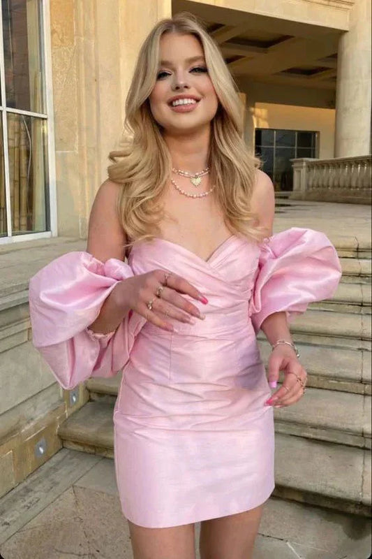 Charming Sweetheart Pink Bubble Sleeves Design A-line Satin Homecoming Dress TP3598