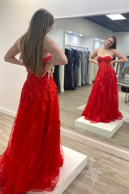 Sweetheart Red Tulle Long Prom Dress With Lace Appliques, Long Formal Dress GP484