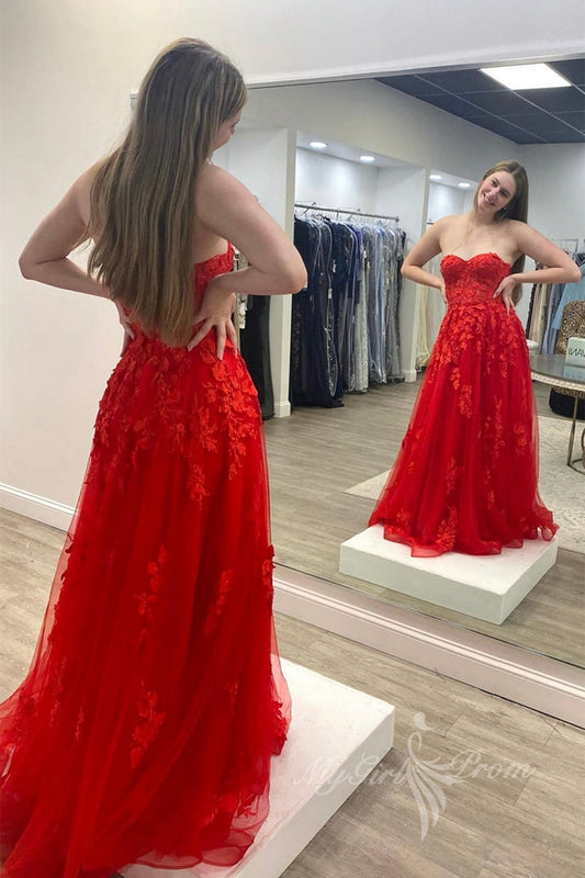Sweetheart Red Tulle Long Prom Dress With Lace Appliques, Long Formal Dress GP484