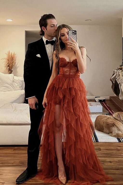 Sweetheart Tiered Tulle Long Prom Dress with Lace, Long Slit Evening Gown GP256