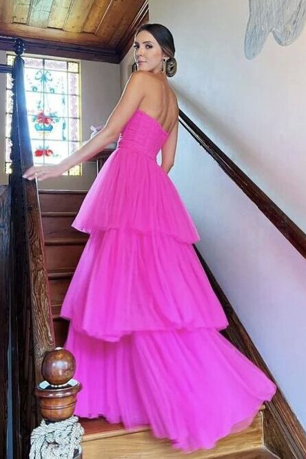 Sweetheart Tulle Hot Pink Tiered Long Prom Dress, Princess Graduation Gown GP640