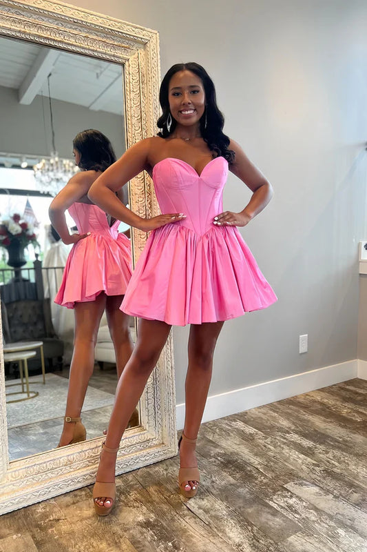 Vestido de fiesta vintage con escote corazón en rosa, corto, sin tirantes, TP3540