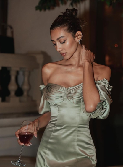 Sage Green A Line Off the Shoulder Satin Mini Homecoming Dress SH3281