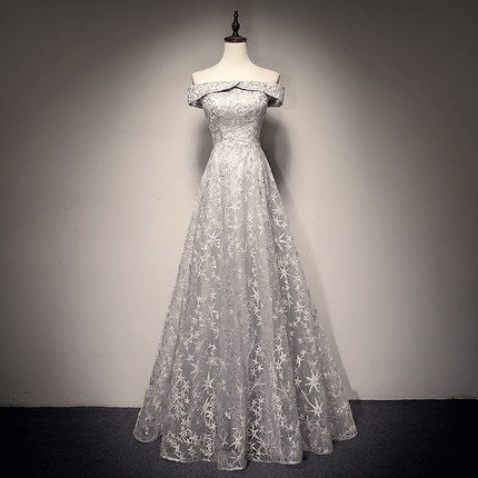 A Line Tulle Prom Dresses White Lace Bridesmaid Dress SH071