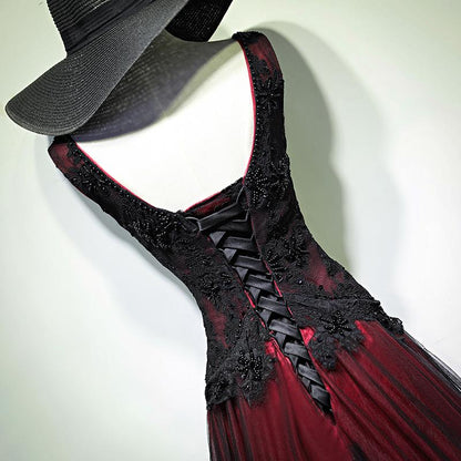Vestido largo de fiesta de tul negro y rojo con escote en V y encaje con cuentas, vestido de noche formal de corte A