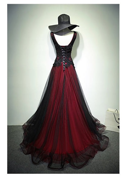 Vestido largo de fiesta de tul negro y rojo con escote en V y encaje con cuentas, vestido de noche formal de corte A