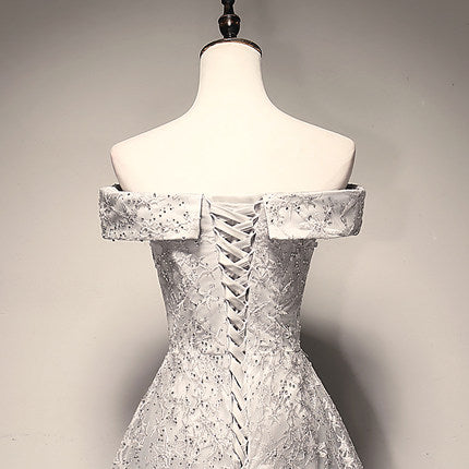 A Line Tulle Prom Dresses White Lace Bridesmaid Dress SH071