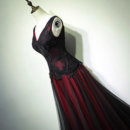 Vestido largo de fiesta de tul negro y rojo con escote en V y encaje con cuentas, vestido de noche formal de corte A