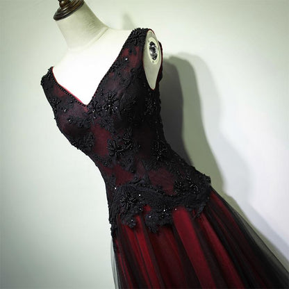 Vestido largo de fiesta de tul negro y rojo con escote en V y encaje con cuentas, vestido de noche formal de corte A