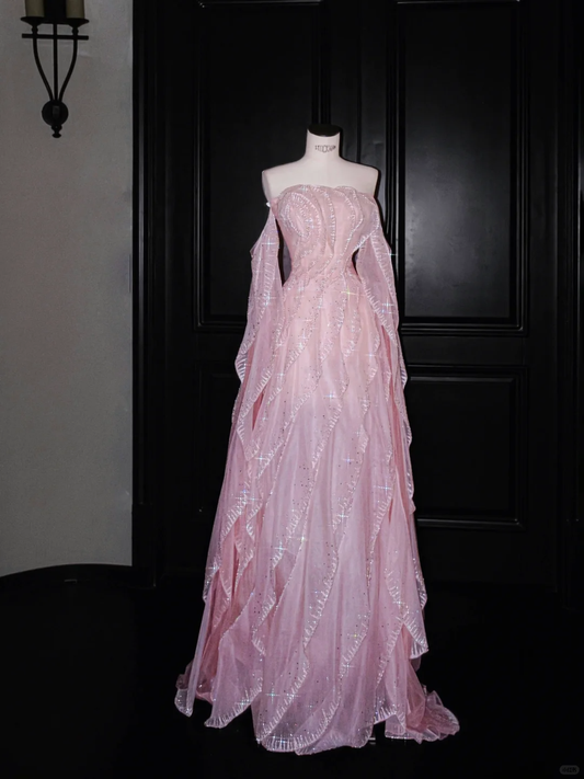 Gentle A Line Off the Shoulder Layered Rhinestone Beaded Pink Organza Long Party Dress SH2927